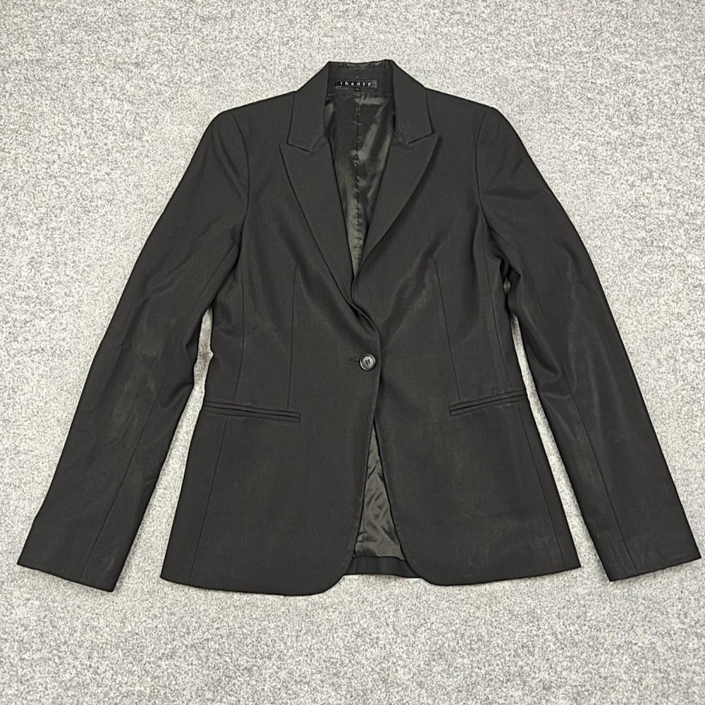 Theory Blazer Womens 2 Black Wool One Button Lined Tailored Jacket Workwear - Picture 1 of 11